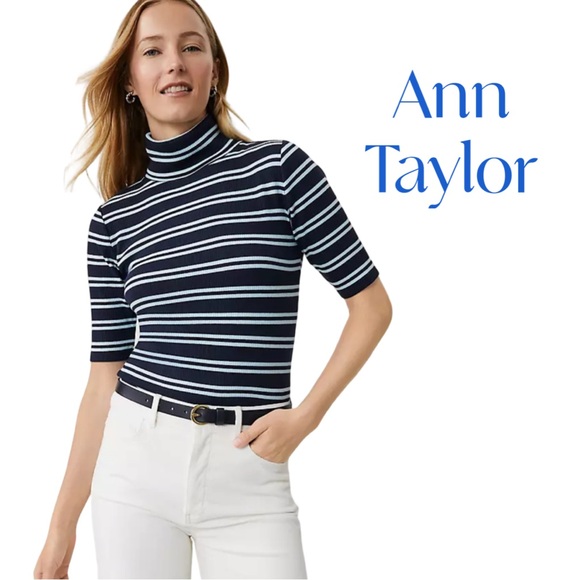 Ann Taylor Navy and White Striped turtleneck Top Sz S NWT - Picture 1 of 9